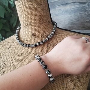 Silver Black Necklace Bracelet Set Heavy Embellished
